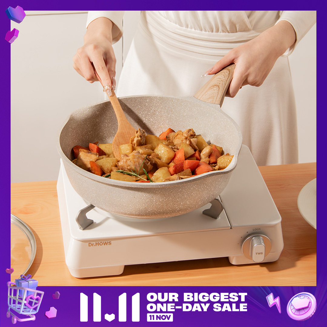 EOX Deep Frying Pan cookware Wok Non-Stick pan Skillet 24/28cm with lid Maifan Stone Suitable All Stove