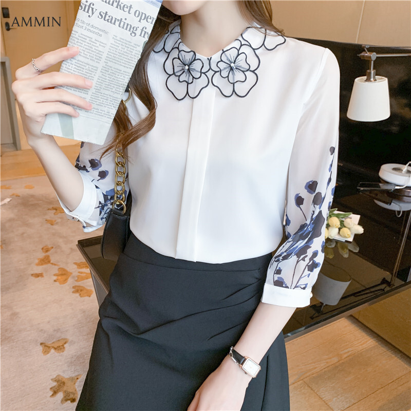 AMMIN OL elegant temperament short-sleeved white chiffon shirt women 2021 summer new style three-quarter sleeves unique design sense ink printing blouse top