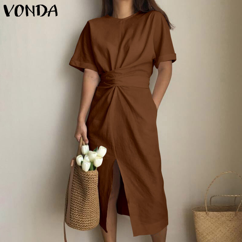 VONDA Women Summer Oversized Short Sleeve Casual Sundress Shirt Slit Dress (Korean Causal)
