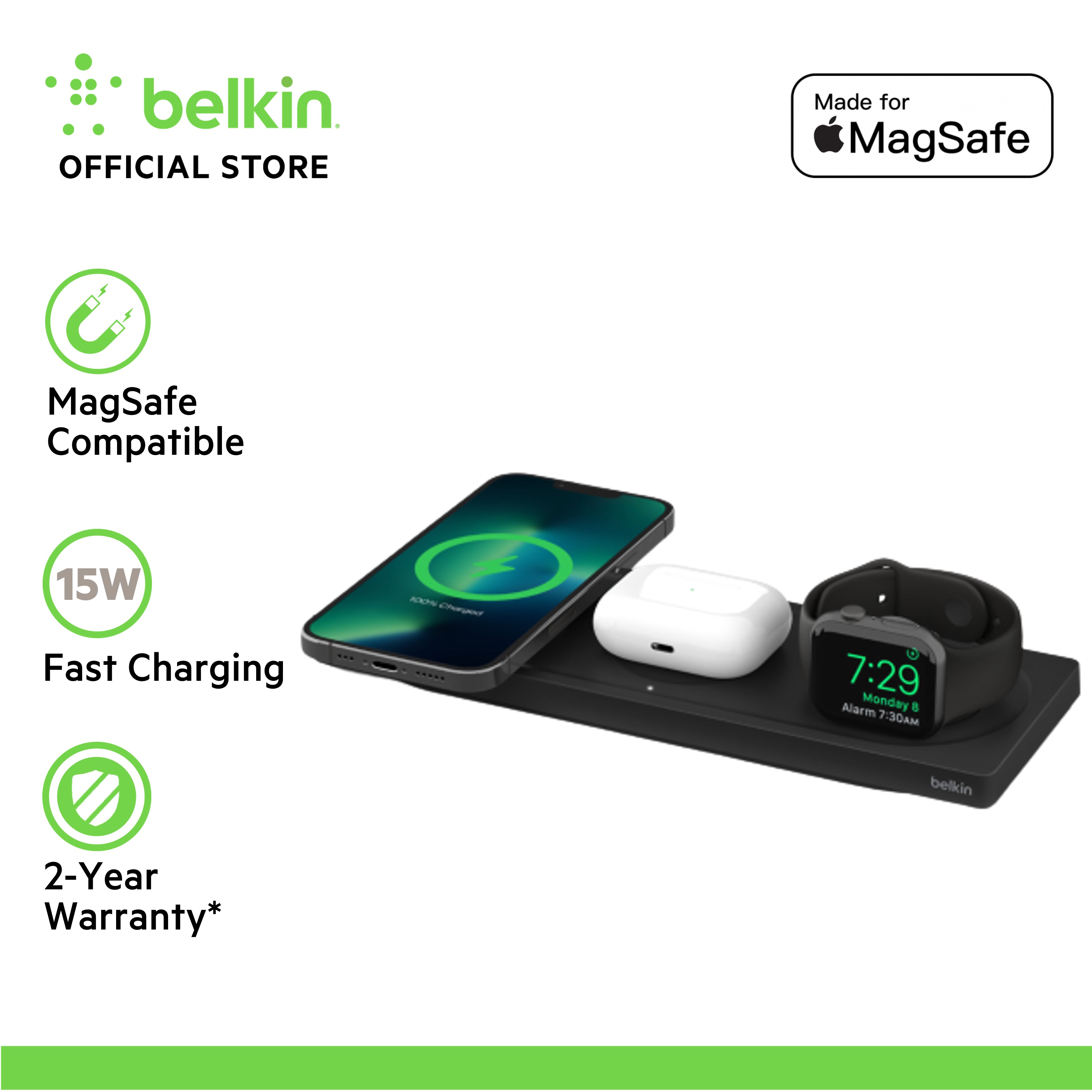 Belkin WIZ016my BoostCharge PRO 3-in-1 Wireless Charging Pad with MagSafe and Power Adapter (iPhone 14/13/12)