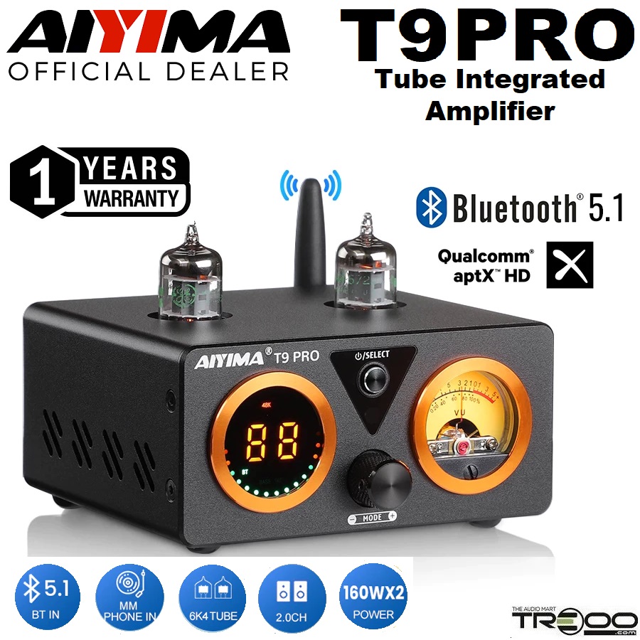 AIYIMA T9 PRO Wireless Bluetooth Receiver/Streamer, Coaxial / Optical / USB DAC & Tube Integrated Amplifier (Official local stock - SG/UK plug)
