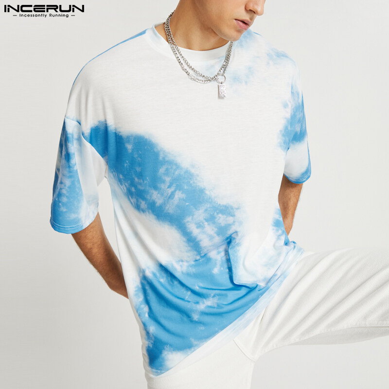 INCERUN Mens Tie Dye Blue Holiday Casual Short Sleeve T Shirt Loose Fit Crew Neck Tee Top (Western Style)
