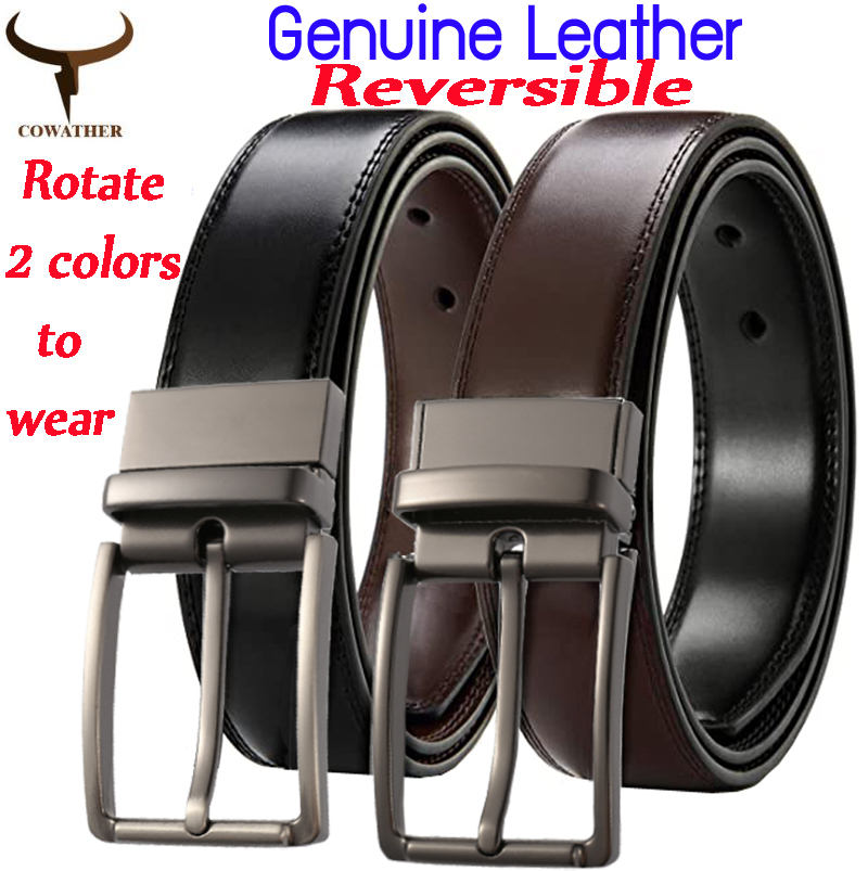 COWATHER Reversible Prong Casual Belt for Men with Genuine Leather 1.3" Wide Classic Everyday Sports Belts with Alloy Rotated Buckle. One Belt Rotated Double-sided 2 Colors to wear