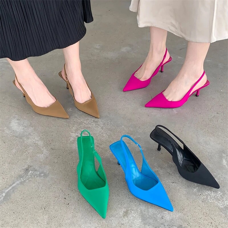 Summer Women Heels Sandals Red Pointed Slingback Sandals Shoes Green Black Purple Kitten Heels Party Prom Ladies Stilettos