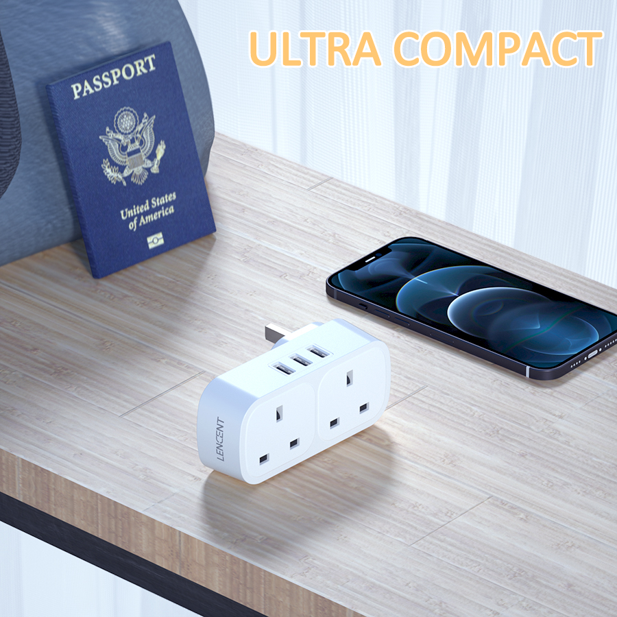 LENCENT 5 in 1 Charger with 2 AC Outlet and 3 USB Ports Plug Extension 2 Way Multi Charger Plug Adaptor Wall Socket for Home Office, 13A 2860W