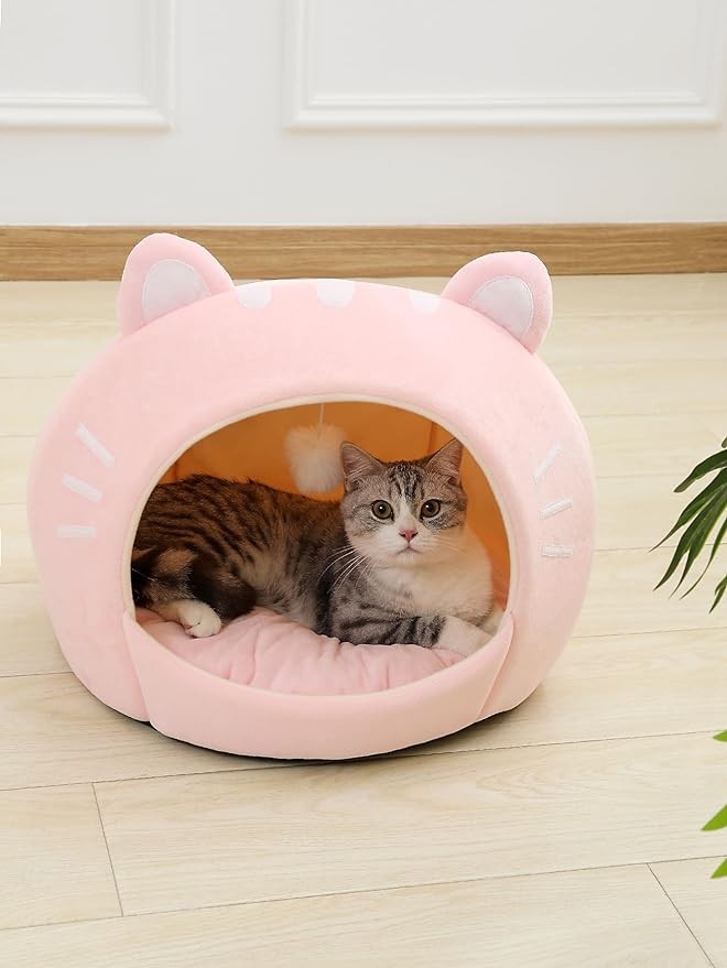 QWINEE Indoor Cat Bed Cave with Removable Cushion - Pet Plush Tent House Cartoon Ear Design Pet Bed with Pompom for Cats Kitten Dogs Puppy and Rabbit White and Pink S